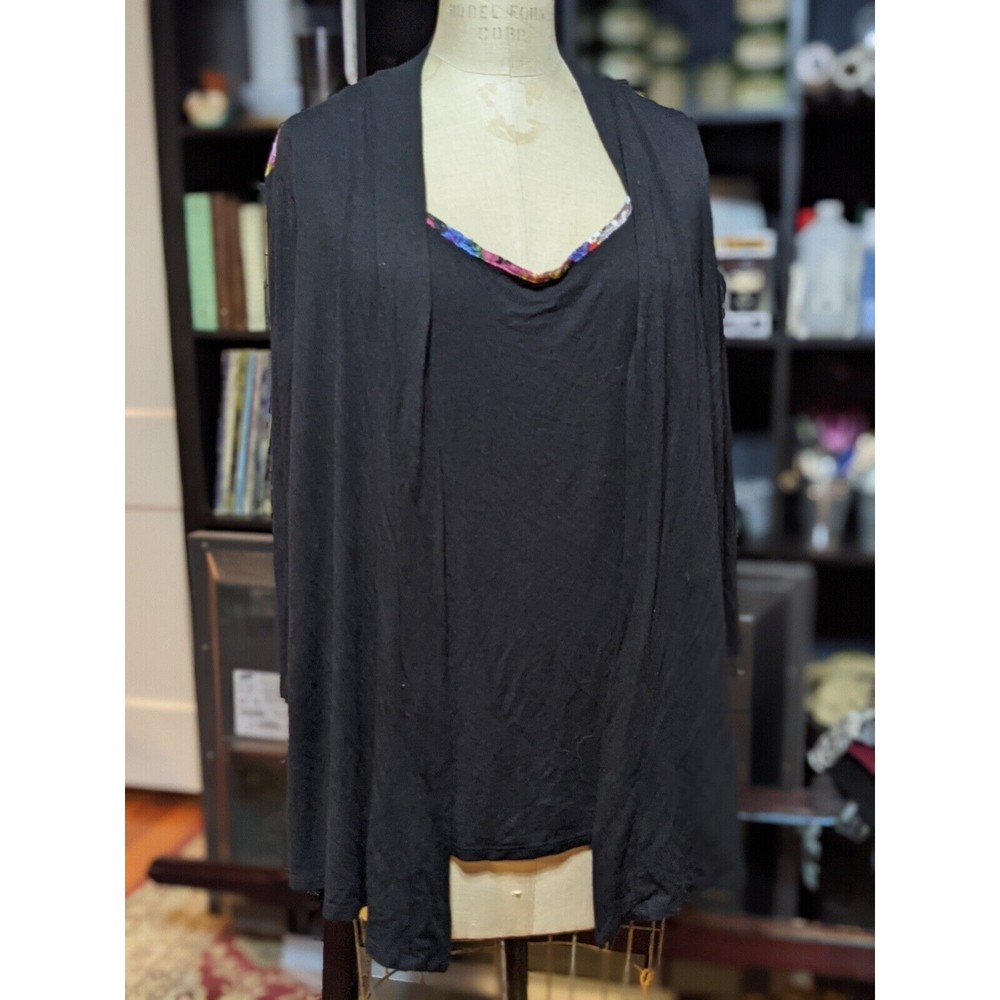 Layered Look Black Cardigan Floral Back Panel Attached Tank 3/4 Sleeve Size XL